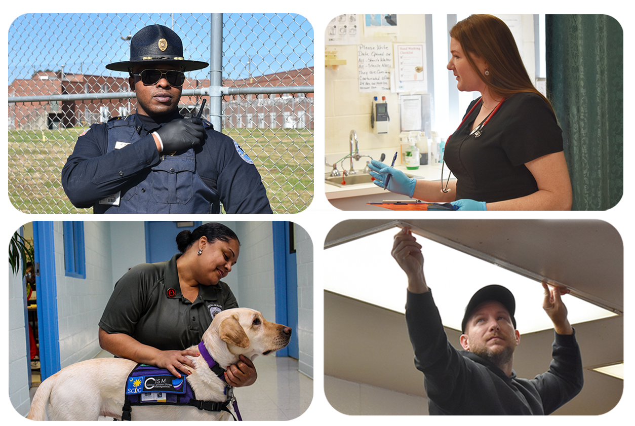 Four Career Tiles of an Officer, Nurse, Crisis Manager, Maintenance Worker