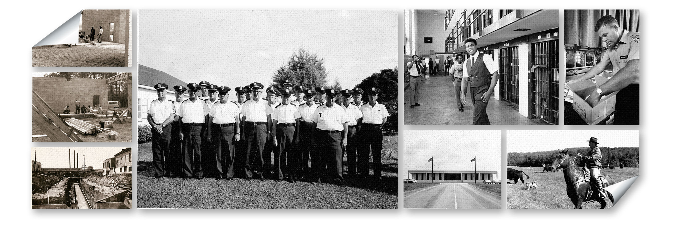 SCDC Historical Photo Collage of a building being built, a trench, original Correctional Officer uniforms, an employee in front of cells, the front of the headquarters building, an officer getting papers out of a cardboard box, and an employee on a horse herding cattle.